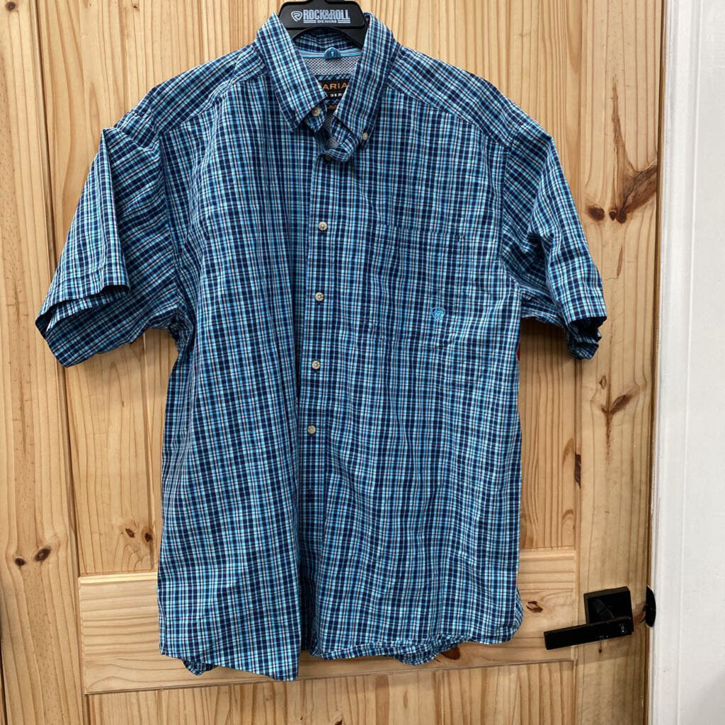 MENS ARIAT PRO SERIES PLAID BUTTON UP SHIRT XL BLUE/LT BLUE