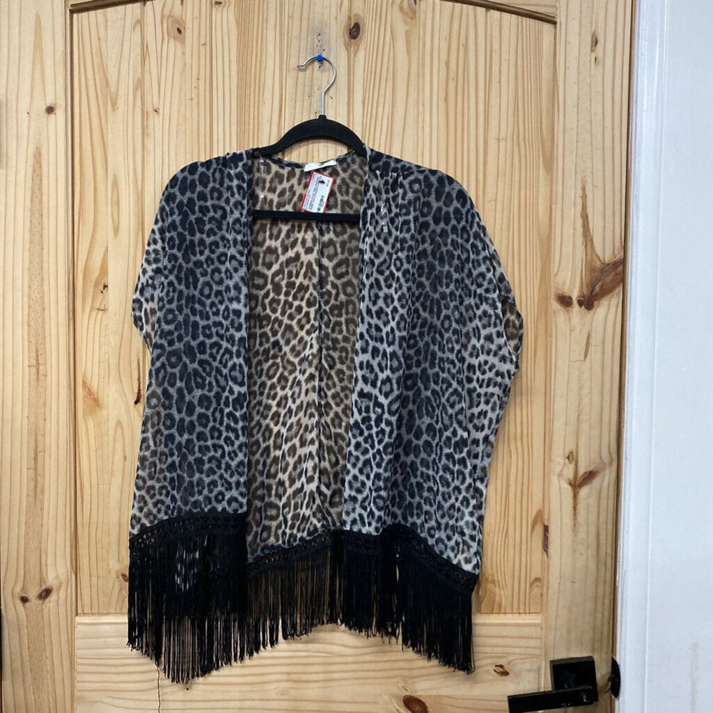 WOMENS OLIVE TREE LEOPARD SHEER TOP W/FRINGE S NWT