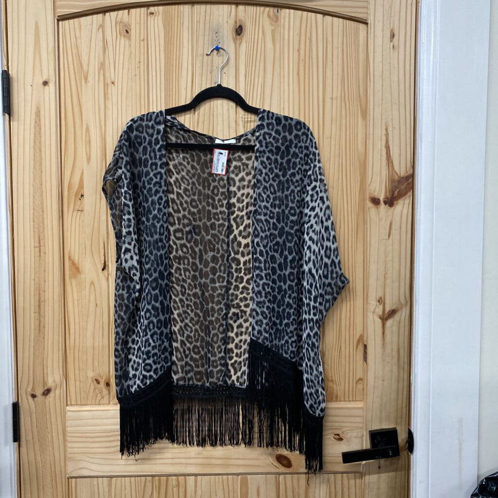 WOMENS OLIVE TREE LEOPARD SHEER TOP W/FRINGE L NWT