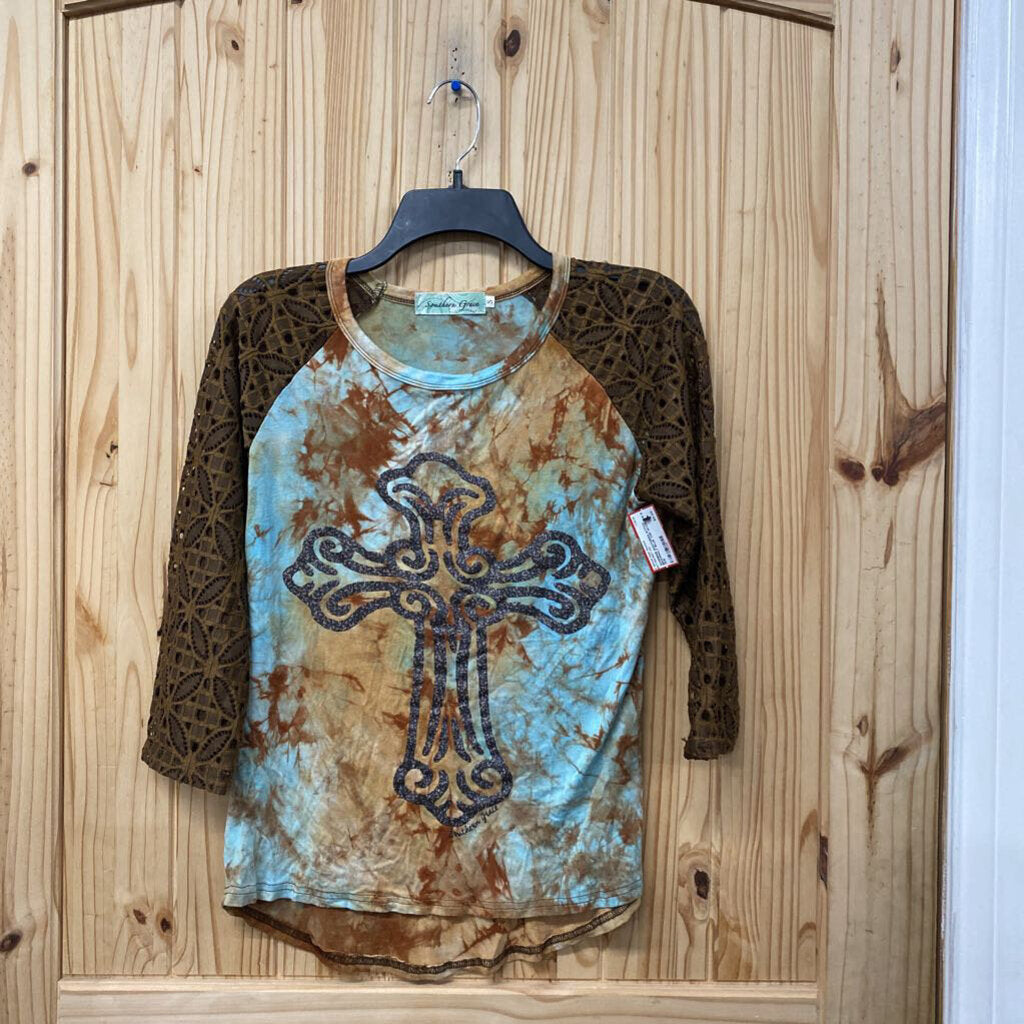 WOMENS SOUTHERN STITCH BROWN/LT BLUE TOP W/CROSS S