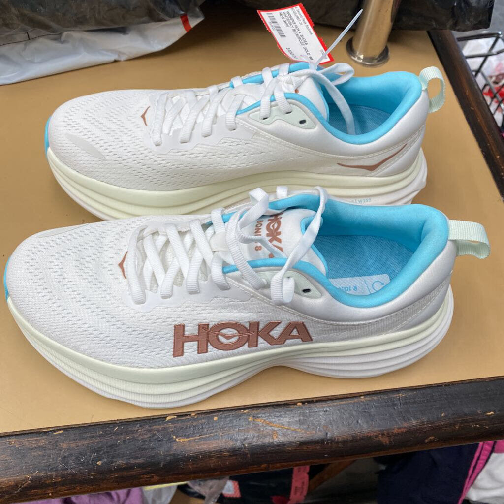 WOMENS HOKA SHOES WHITE/SKY BLUE/ROSE GOLD 8B NEW