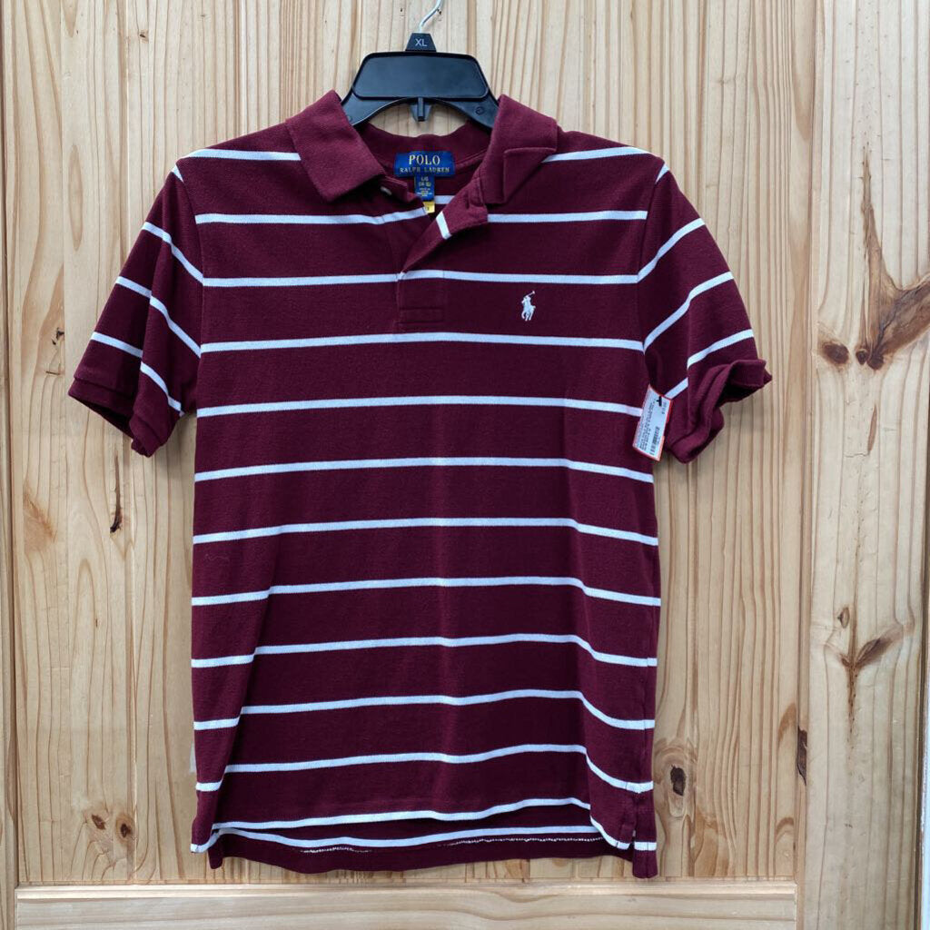 BOYS POLO RALPH LAUREN MAROON/WHITE STRIPE POLO L 14/16