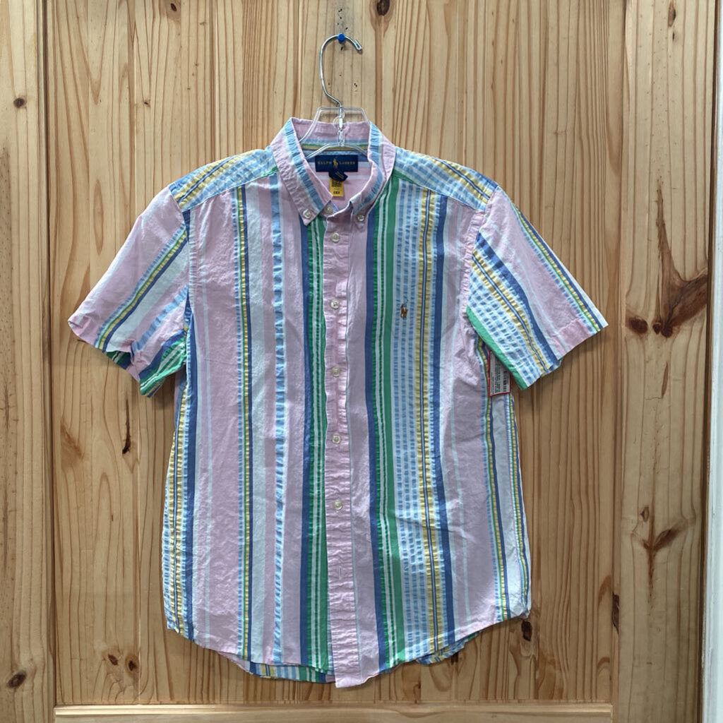 BOYS RALPH LAUREN BUTTON UP SHIRT PINK/GREEN/BLUE/WHITE STRIPE L 14/16