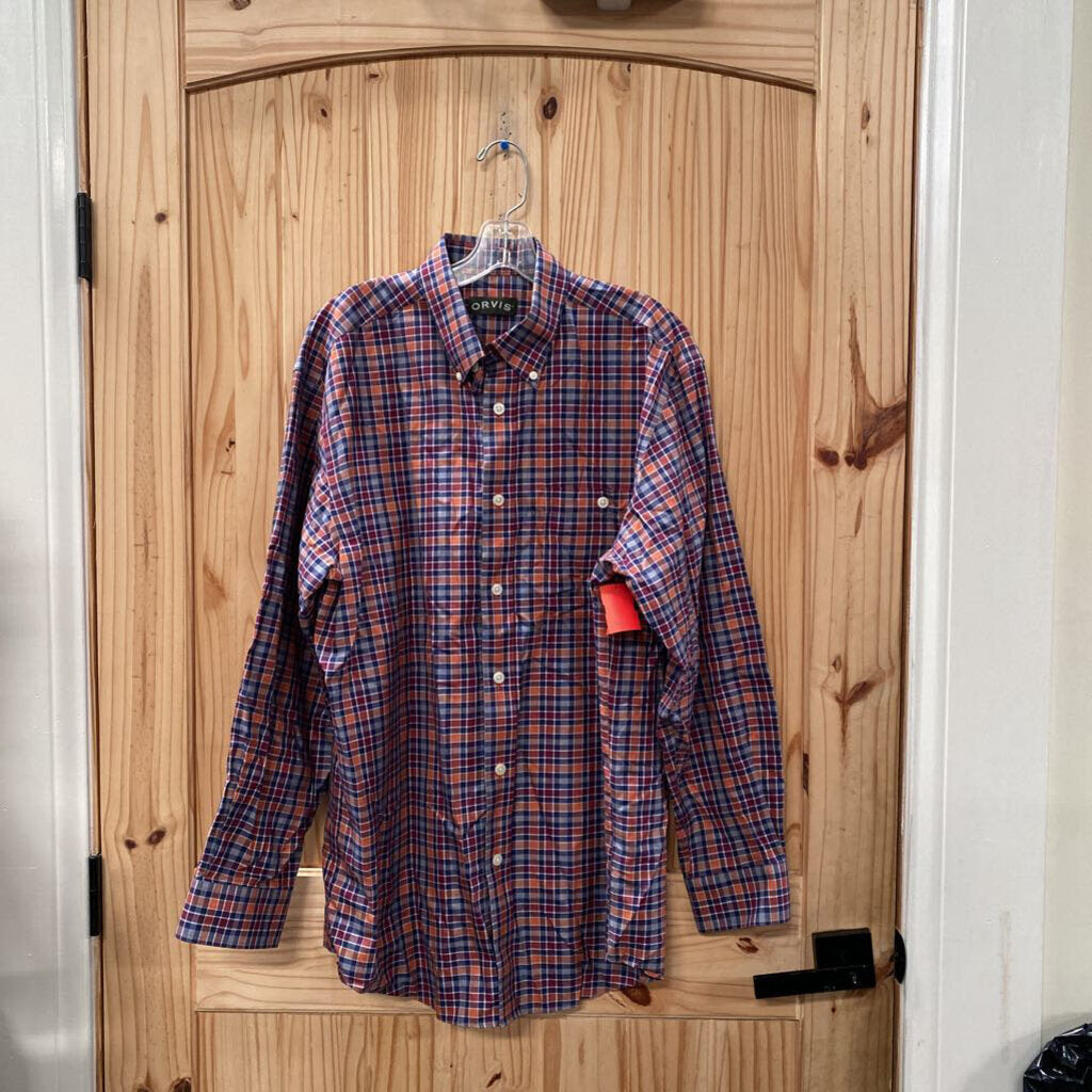 MENS ORVIS LS PLAID BUTTON UP SHIRT ORANGE/NAVY BLUE/WINE L