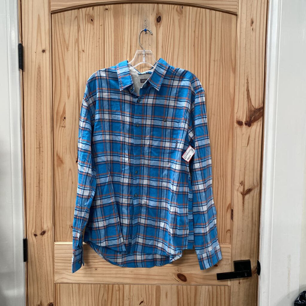 MENS EDDIE BAUER LS PLAID BUTTON UP SHIRT BLUE/ORANGE L