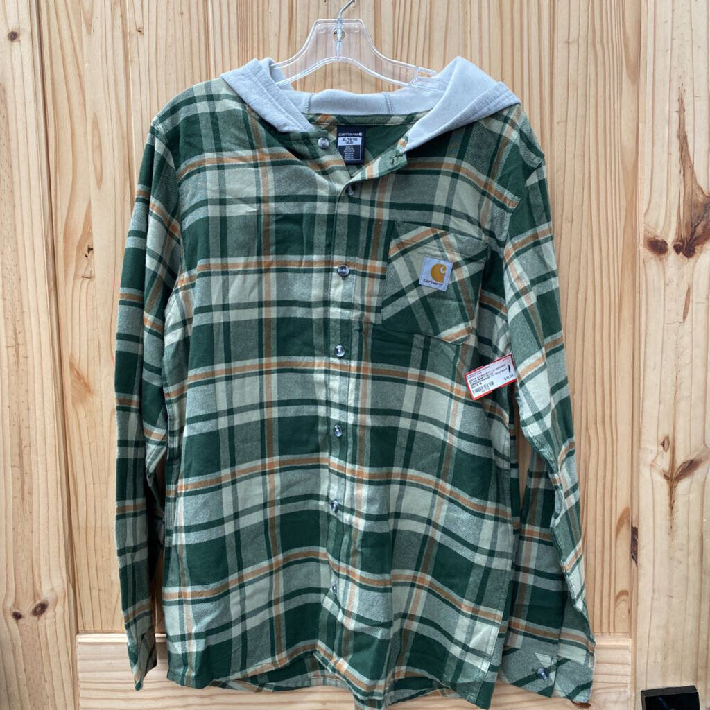 BOYS CARHARTT LS HOODED PLAID SHIRT OLIVE GREEN/ORANGE XL 18/20 NWT